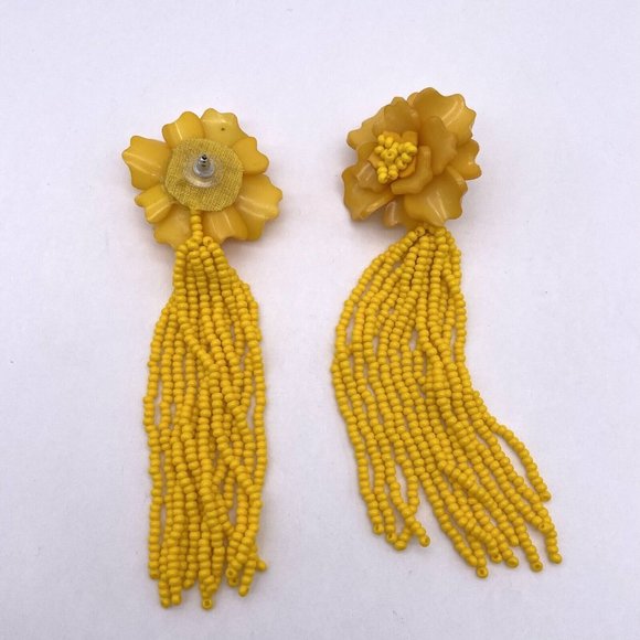 Beaded Flower Dangle Drop Long Tassel Earrings Yellow - Picture 2 of 5